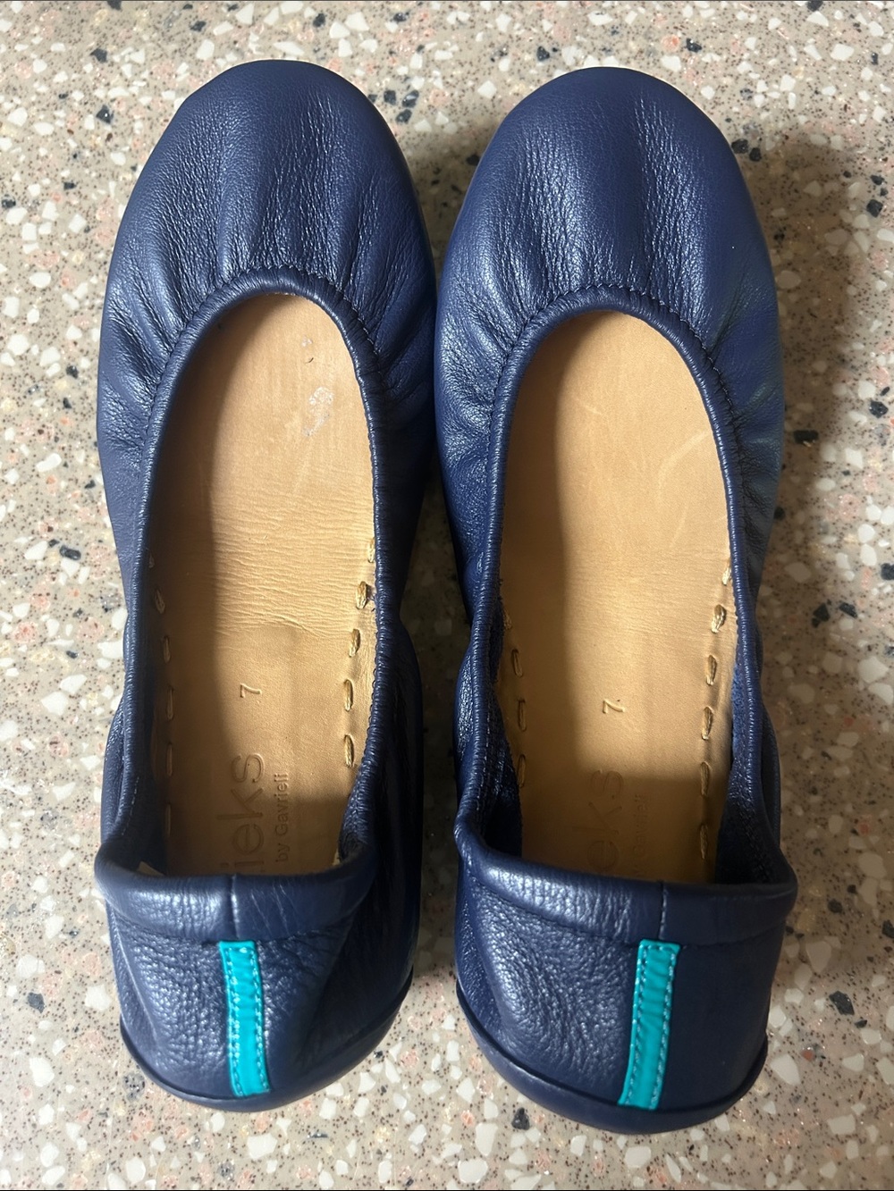 Tieks Navy Leather Ballet Flats with Teal Heel Stripe